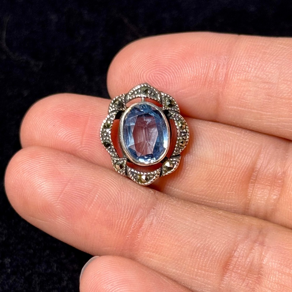 Vintage Sterling Silver Blue Gemstone Marcasite Pendant Oval Art Deco Style 925